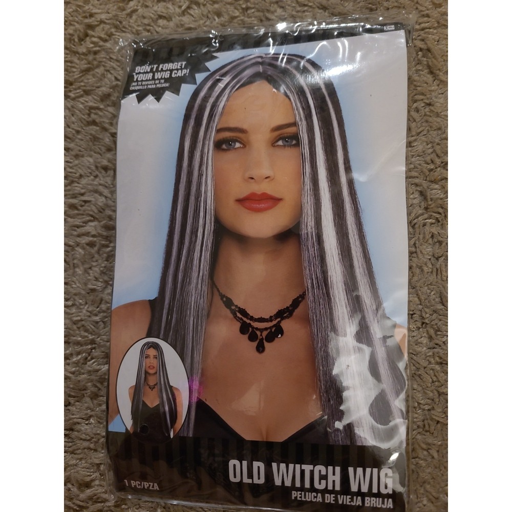 Old Witch Long Black/White Stripe Wig Dress Up Halloween Adult Costume Accessory